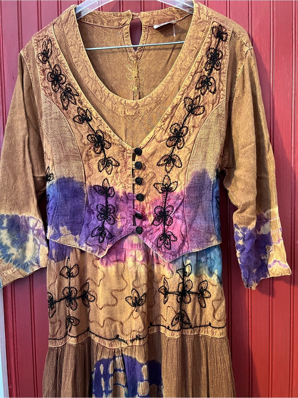Magic Boho Rayon Mustard Maxi Dress with Purple & Pink Accents Free Size - Picture 3 of 9